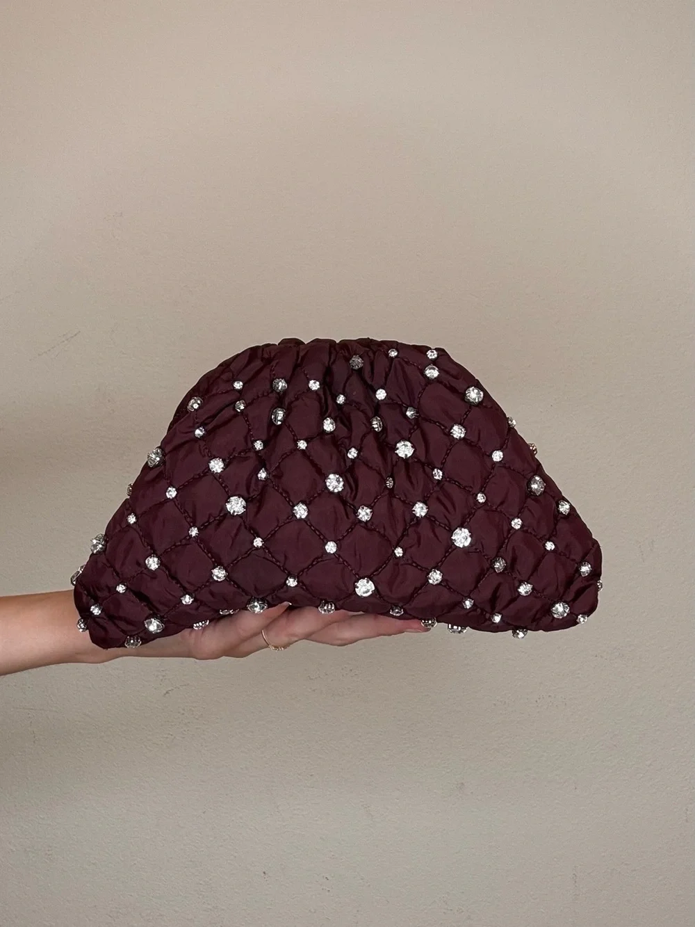 Maria La Rosa Quilted Nylon and Crystal-Embellished Clutch in Wine